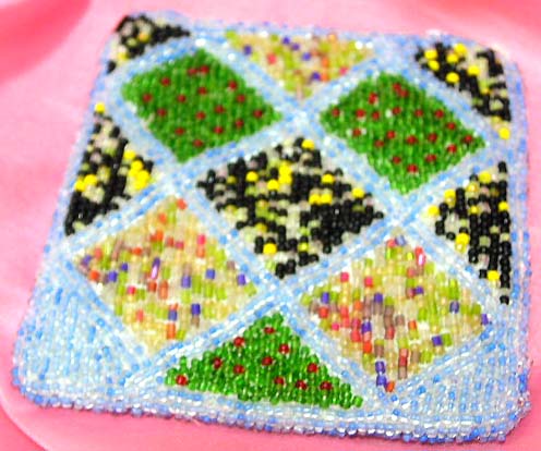 Blue fashion beaded purse with assorted color square pattern design